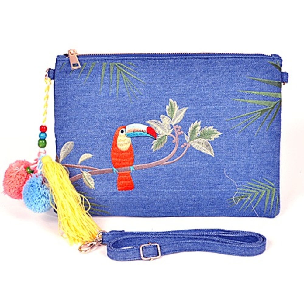 SUMMER DENIM CLUTCH W BIRD EMBROIDERY